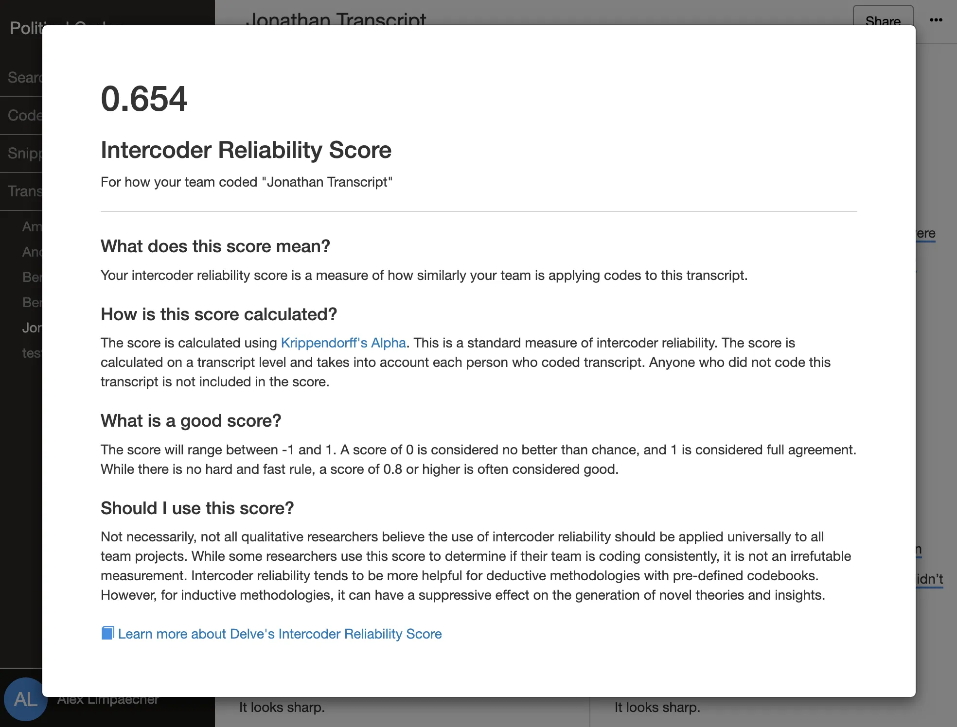 An inter-coder reliability score report in Delve