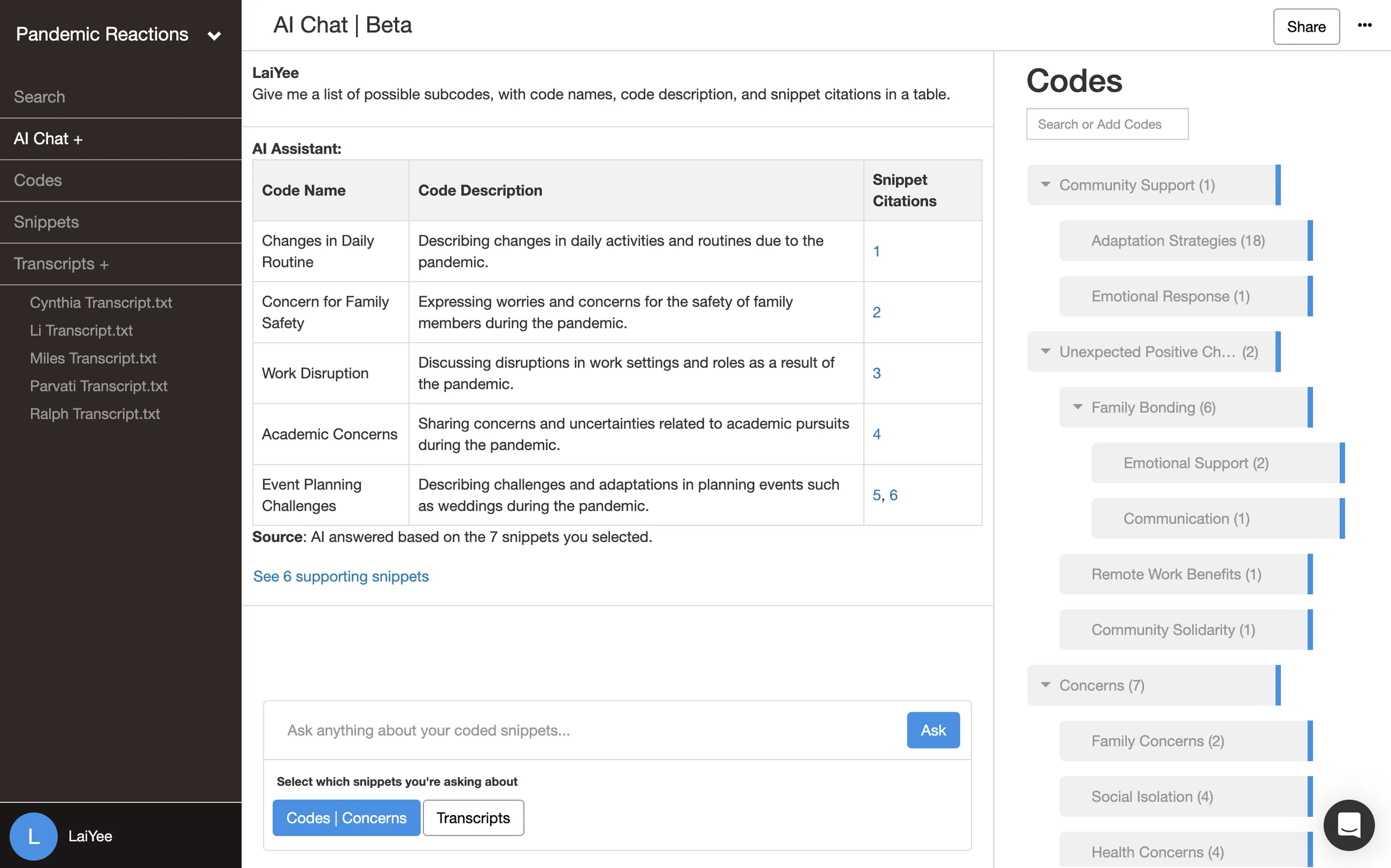 The AI suggesting subcodes beside a table of codes and citations