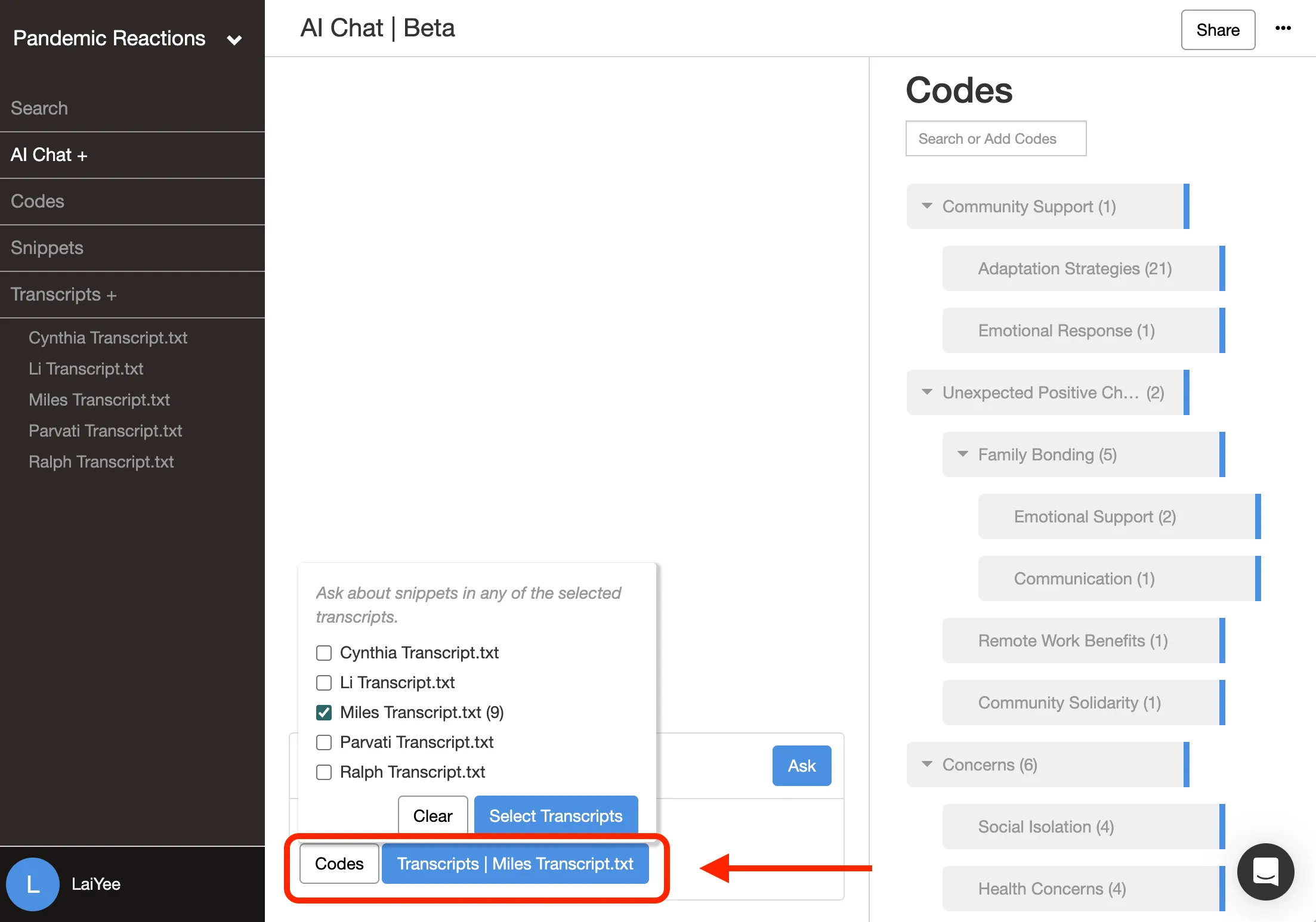 Delve AI Chat selecting filters for subcode analysis