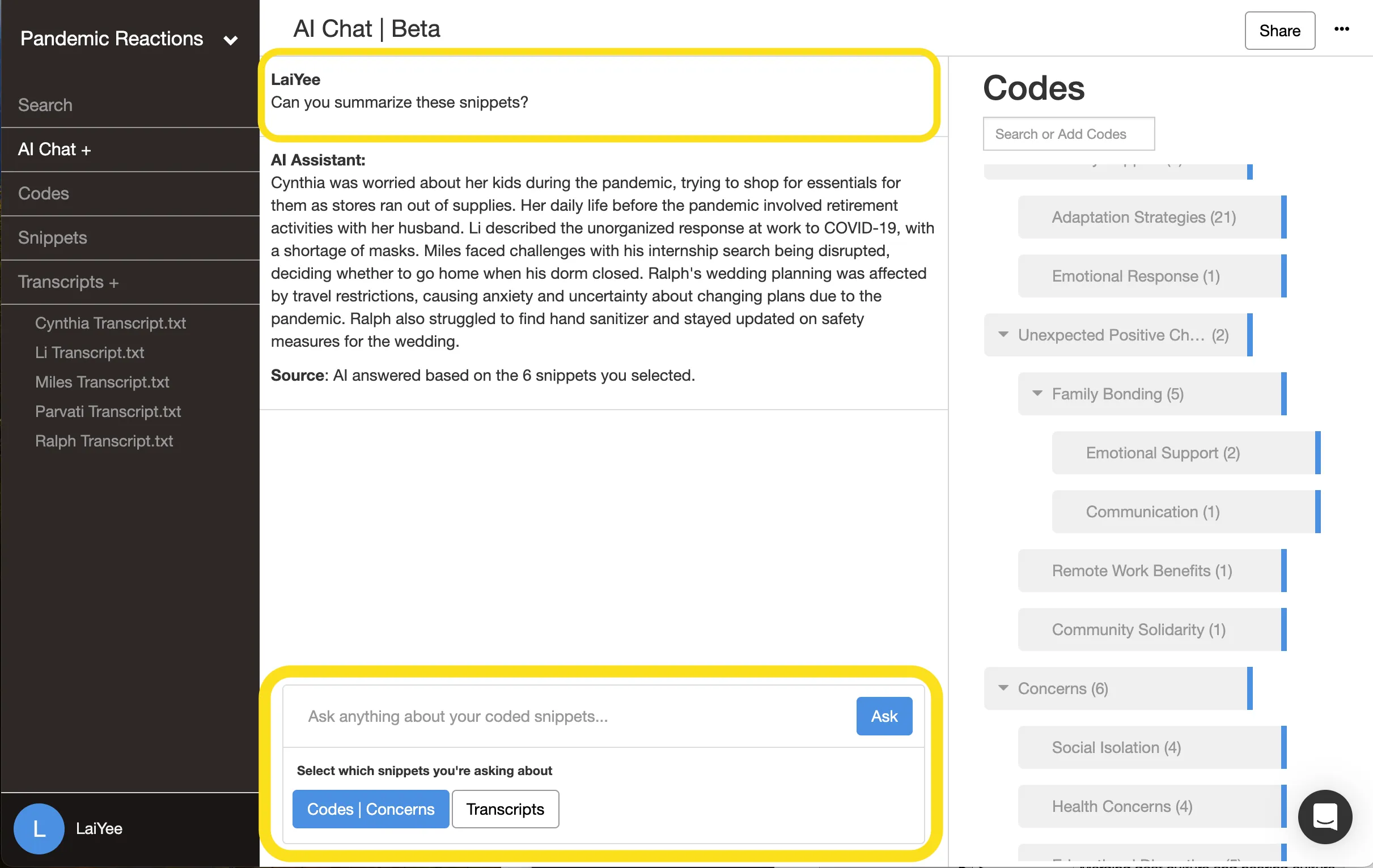 AI chat for qualitative code summarization in Delve