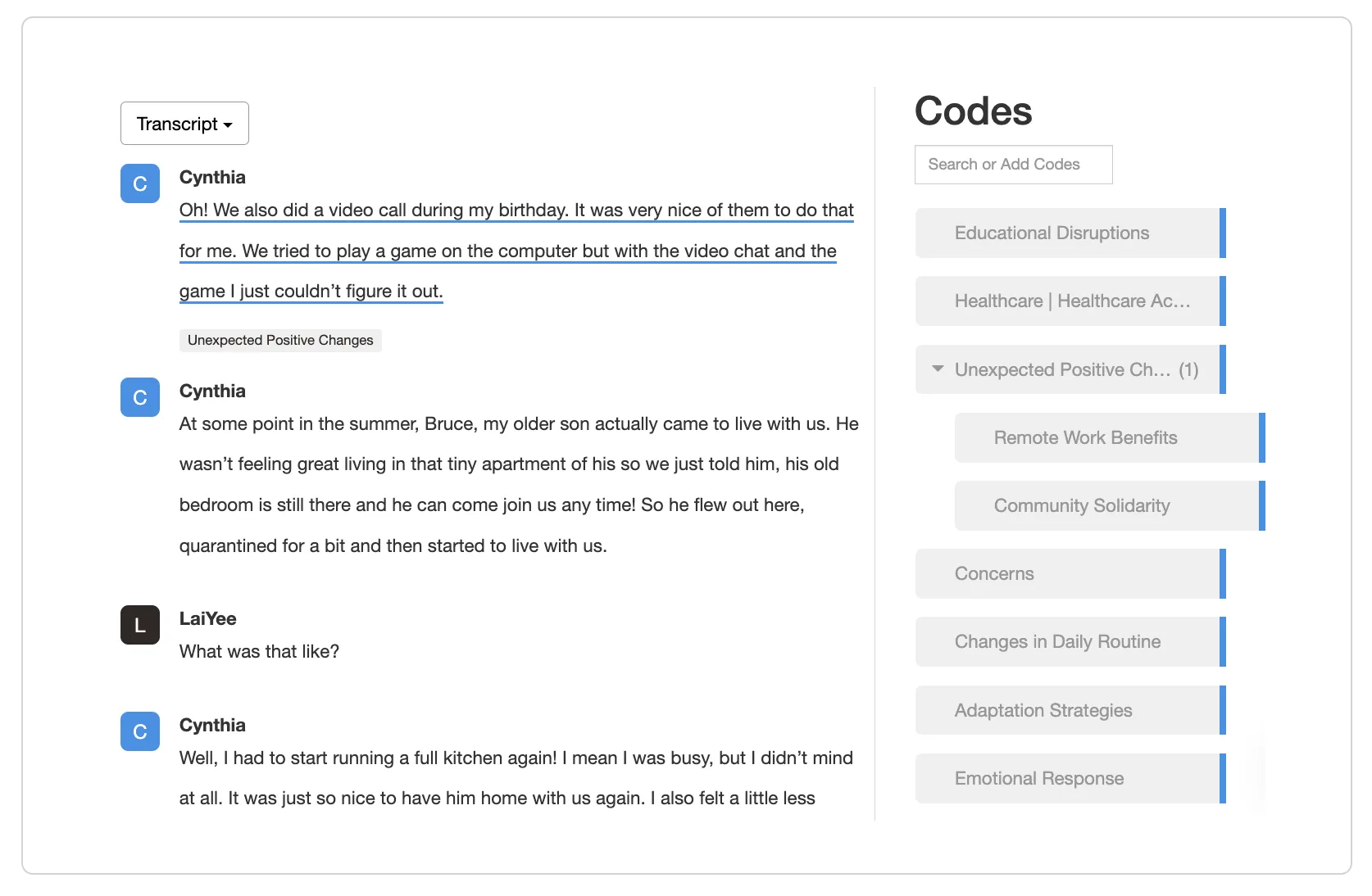 Delve code list transcript view
