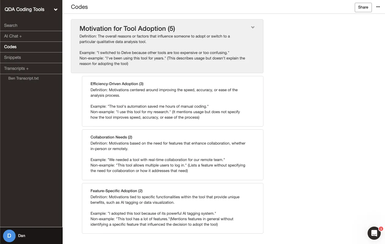 Example thematic analysis codebook in Delve