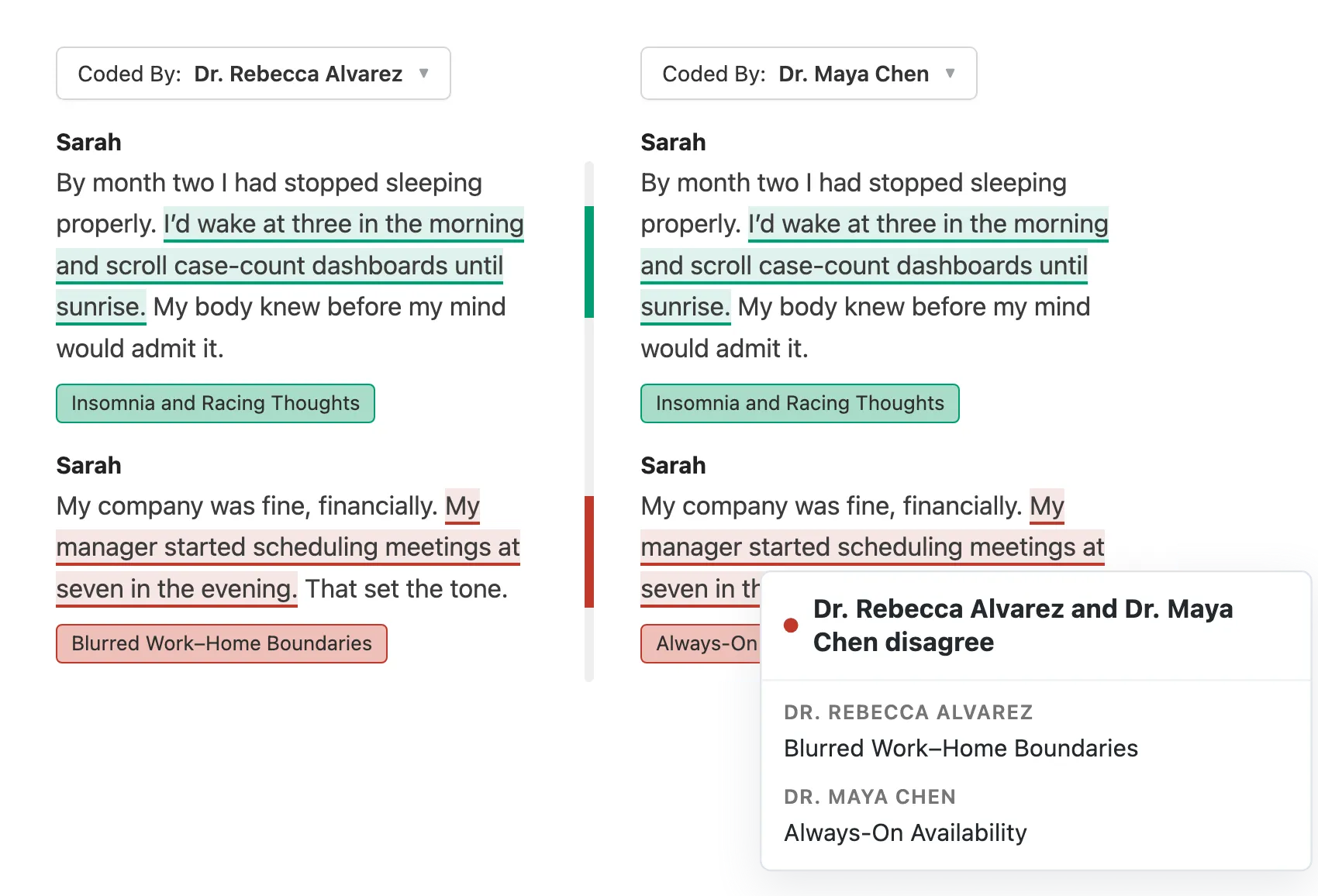Comparing how two team members coded the same transcript, with agreement and disagreement colored in