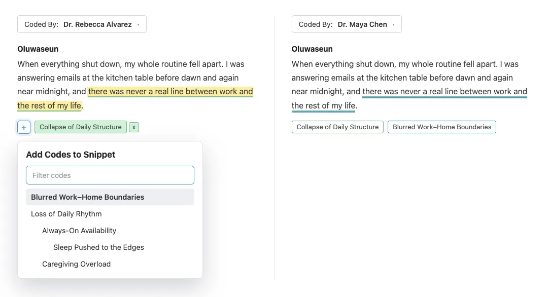 Two researchers' coding of the same excerpt side by side in Delve, with the code picker open to add a code in place