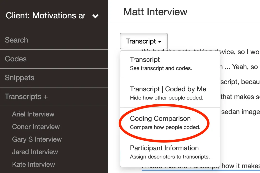 Comparing how different people coded the same transcript in Delve