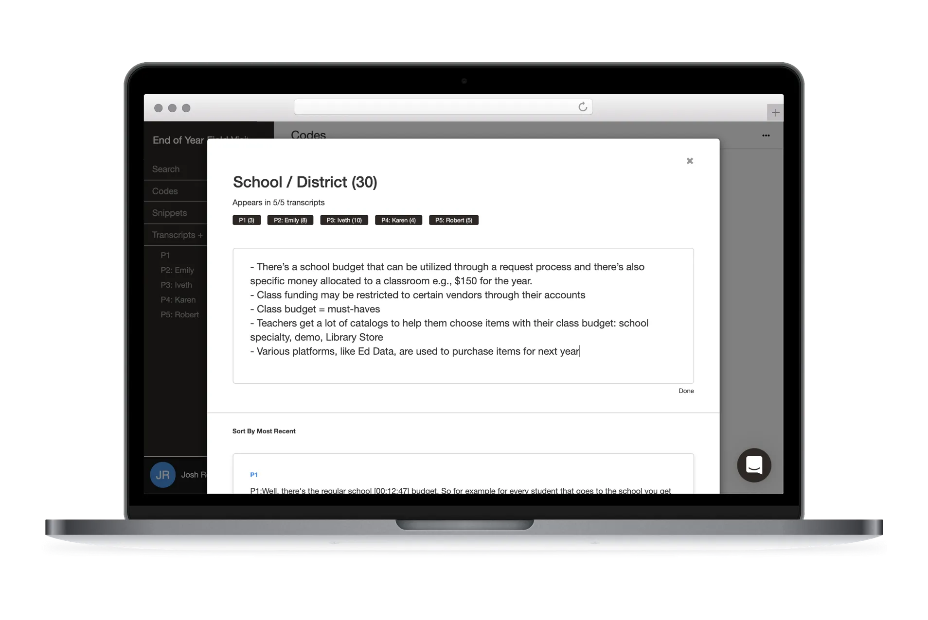 A coded page of qualitative data in Delve