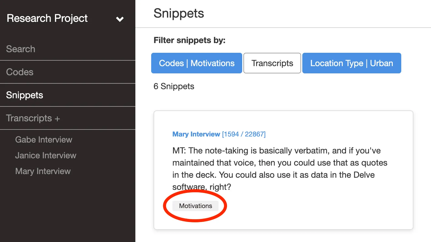 Filtering codes in Delve
