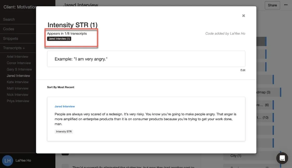 Delve interface showing how magnitude codes can be searched and filtered across transcripts.