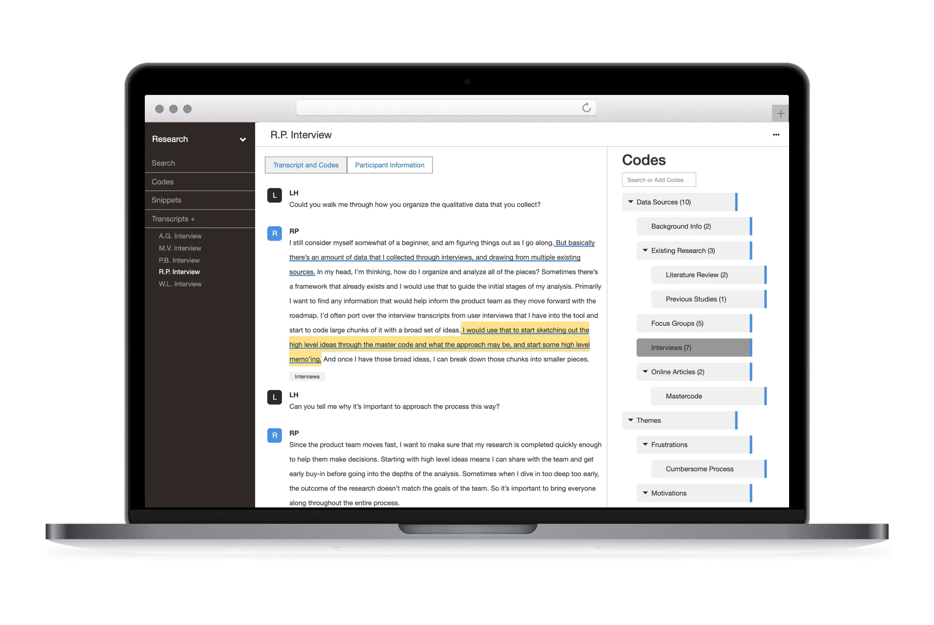 The Delve qualitative analysis tool interface