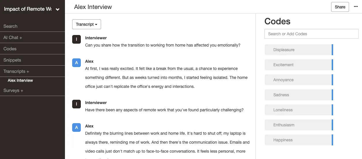 Emotion coding codebook list in Delve
