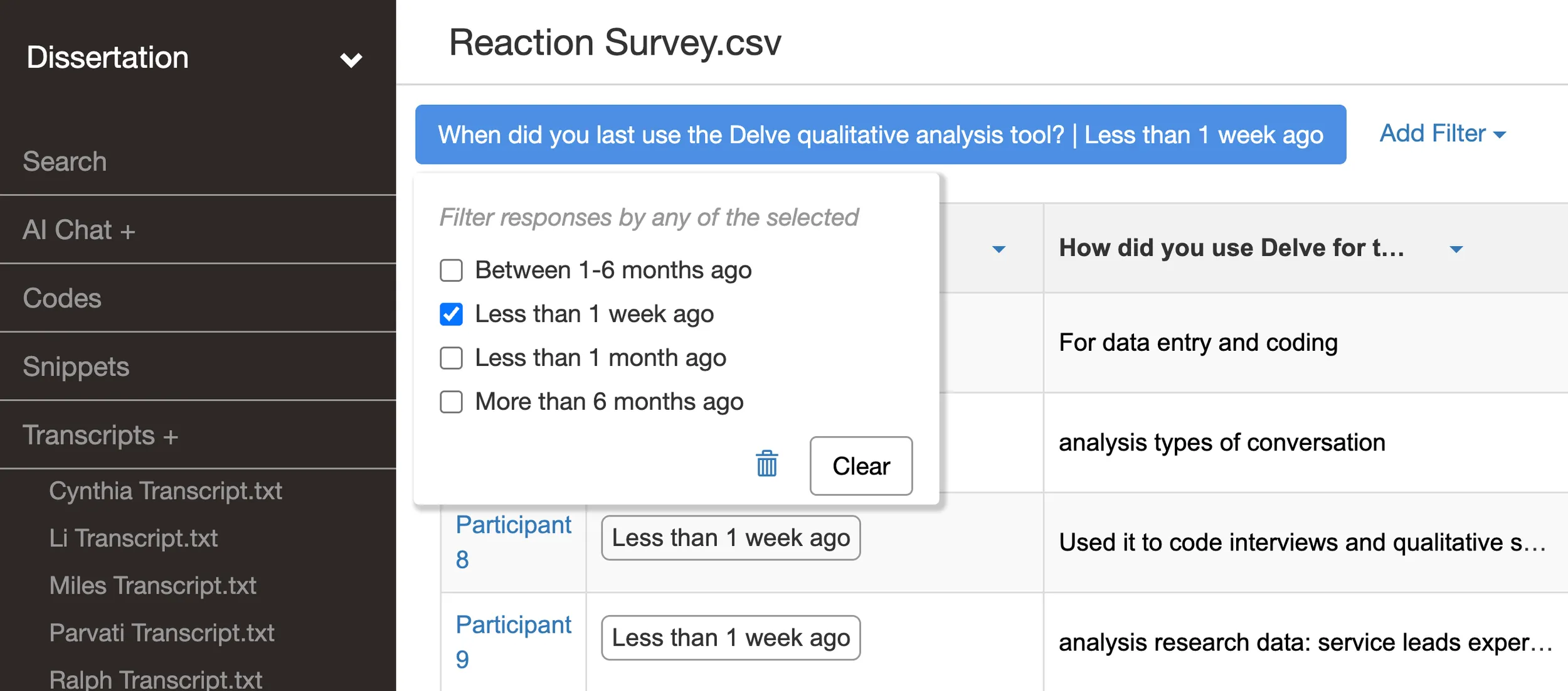 Filter selection in Delve