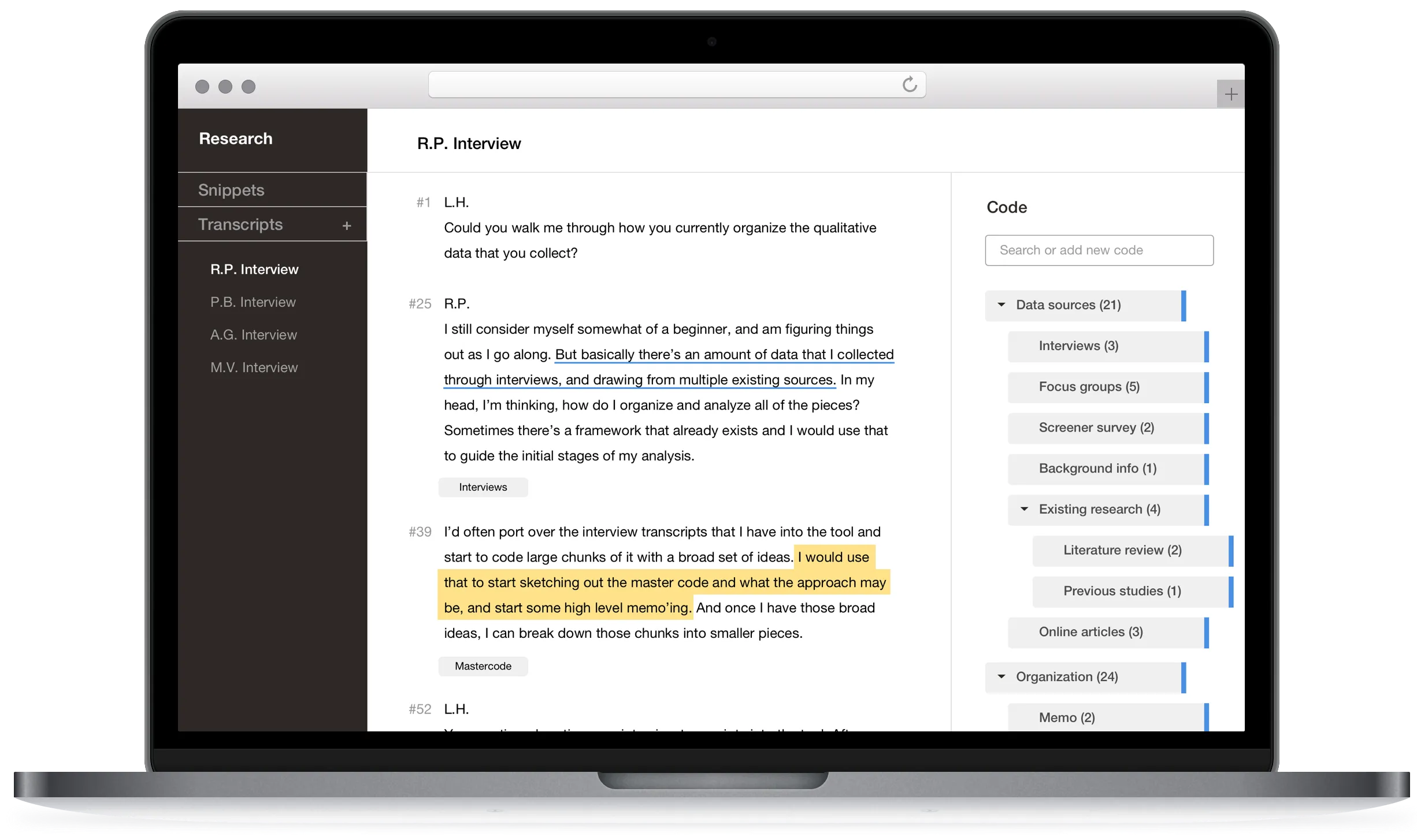 The Delve qualitative coding interface on a desktop