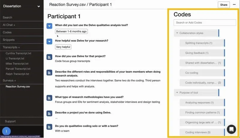 Delve codes sidebar showing nested codes under collaboration-styles theme