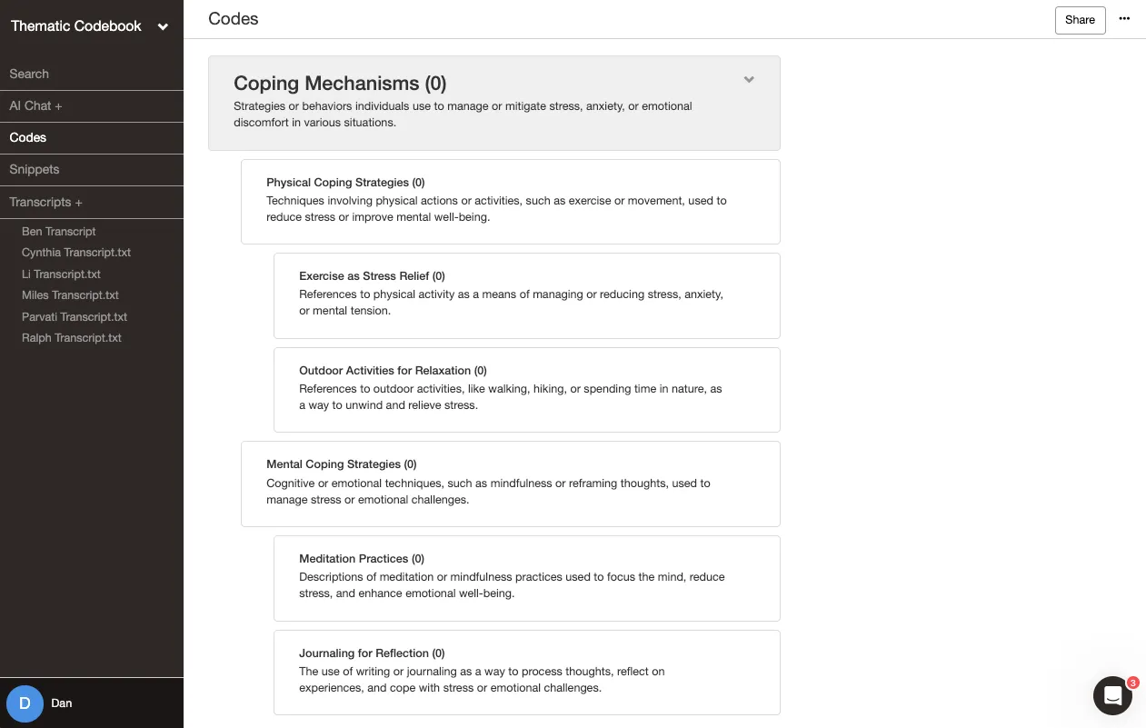 Organizing and visualizing codes in Delve