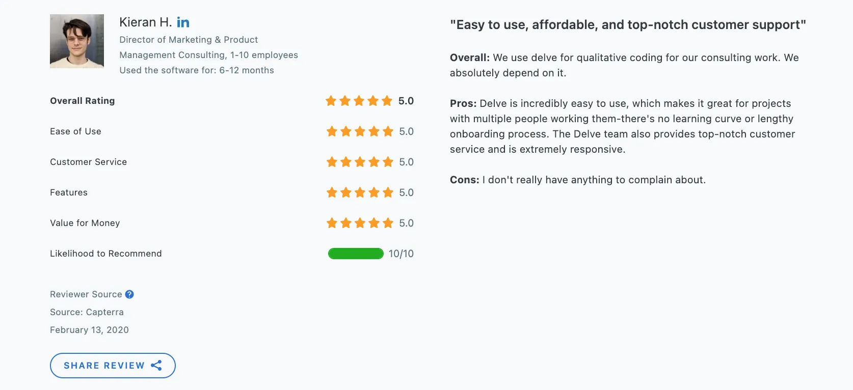 Delve Capterra review: Easy to use, affordable, and top-notch customer support