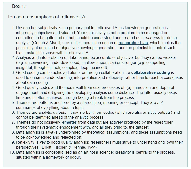 Braun and Clarke’s core assumptions of reflexive thematic analysis
