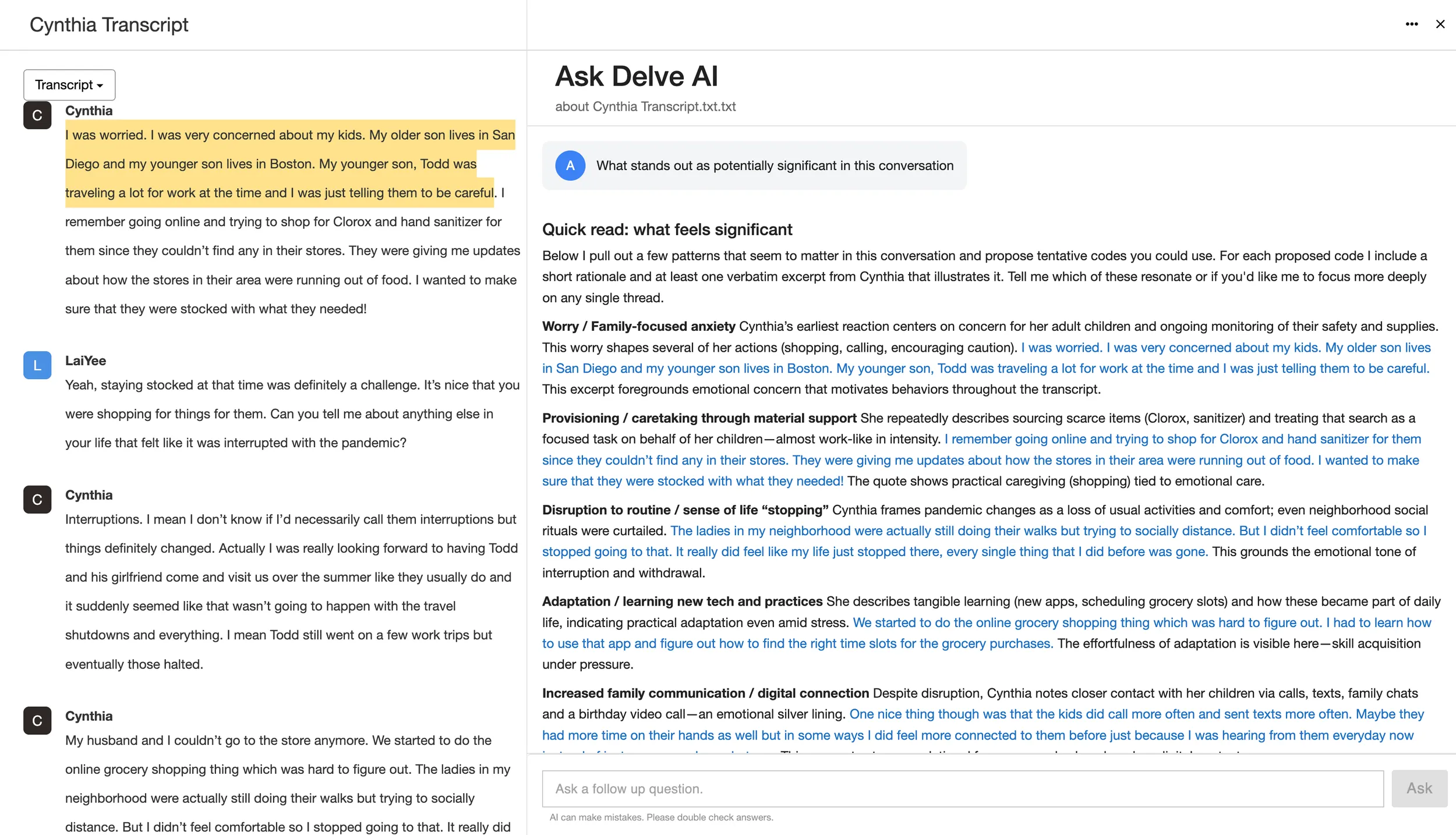 Delve AI identifying significant patterns in qualitative data