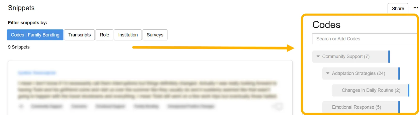 Snippets filtering by code