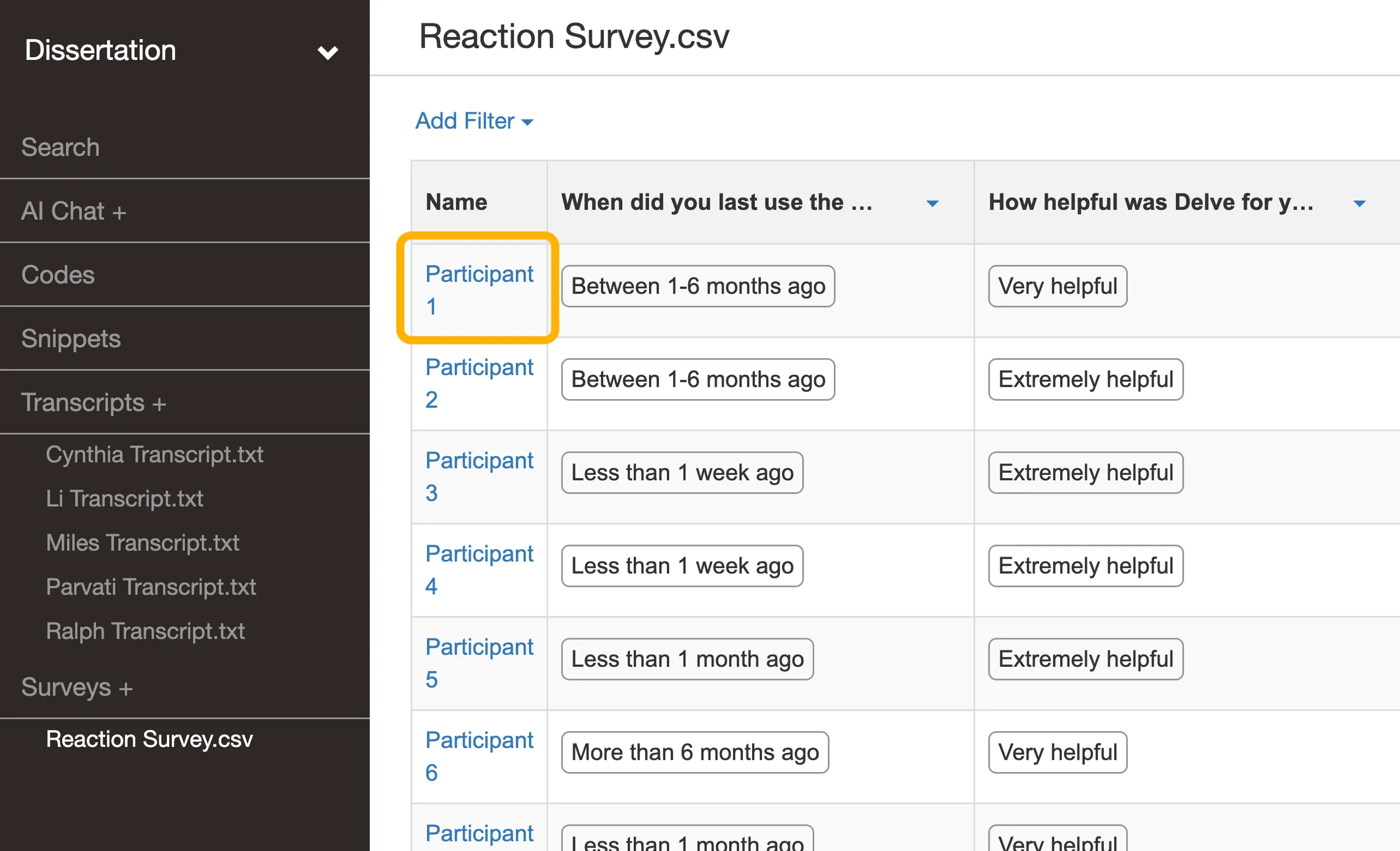 Survey grid view in Delve