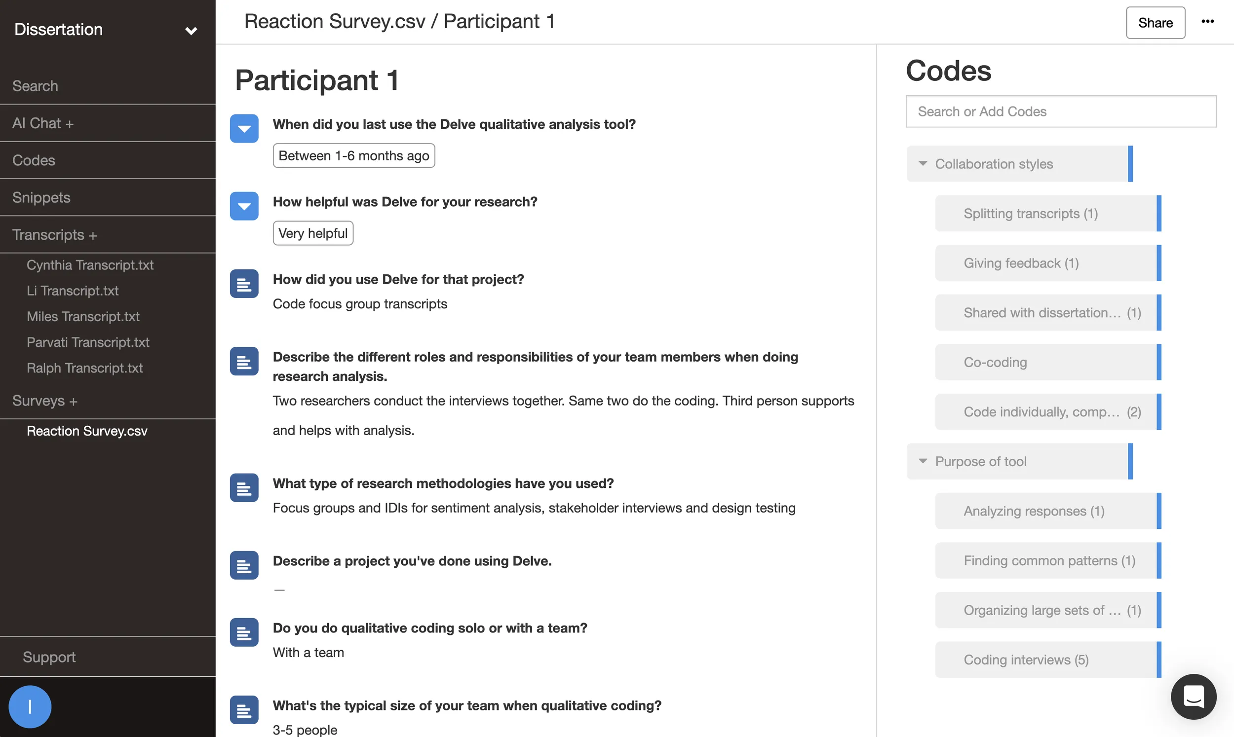 Single participant page in Delve