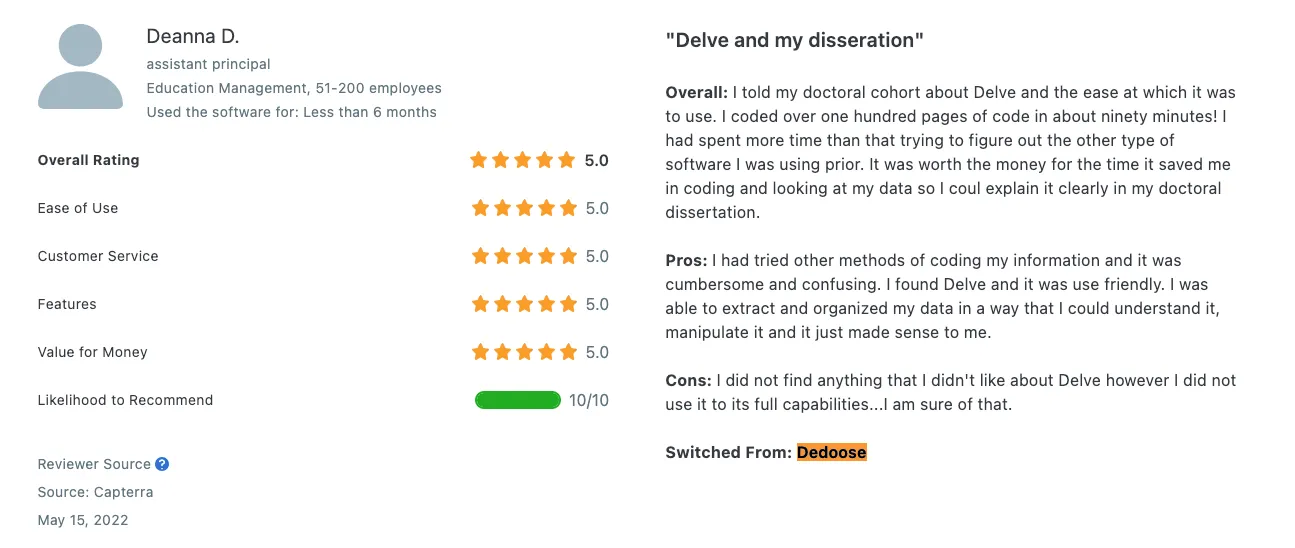 Deanna switched from Dedoose to Delve — Capterra review