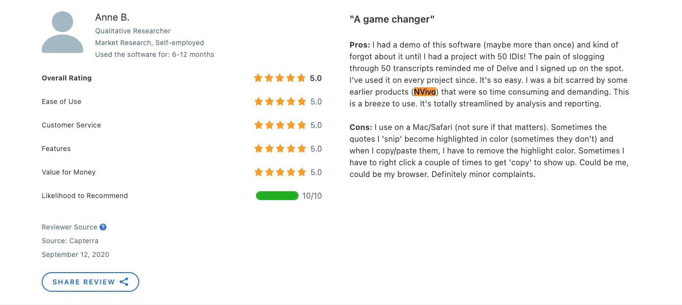 Anne switched from NVivo to Delve — Capterra review