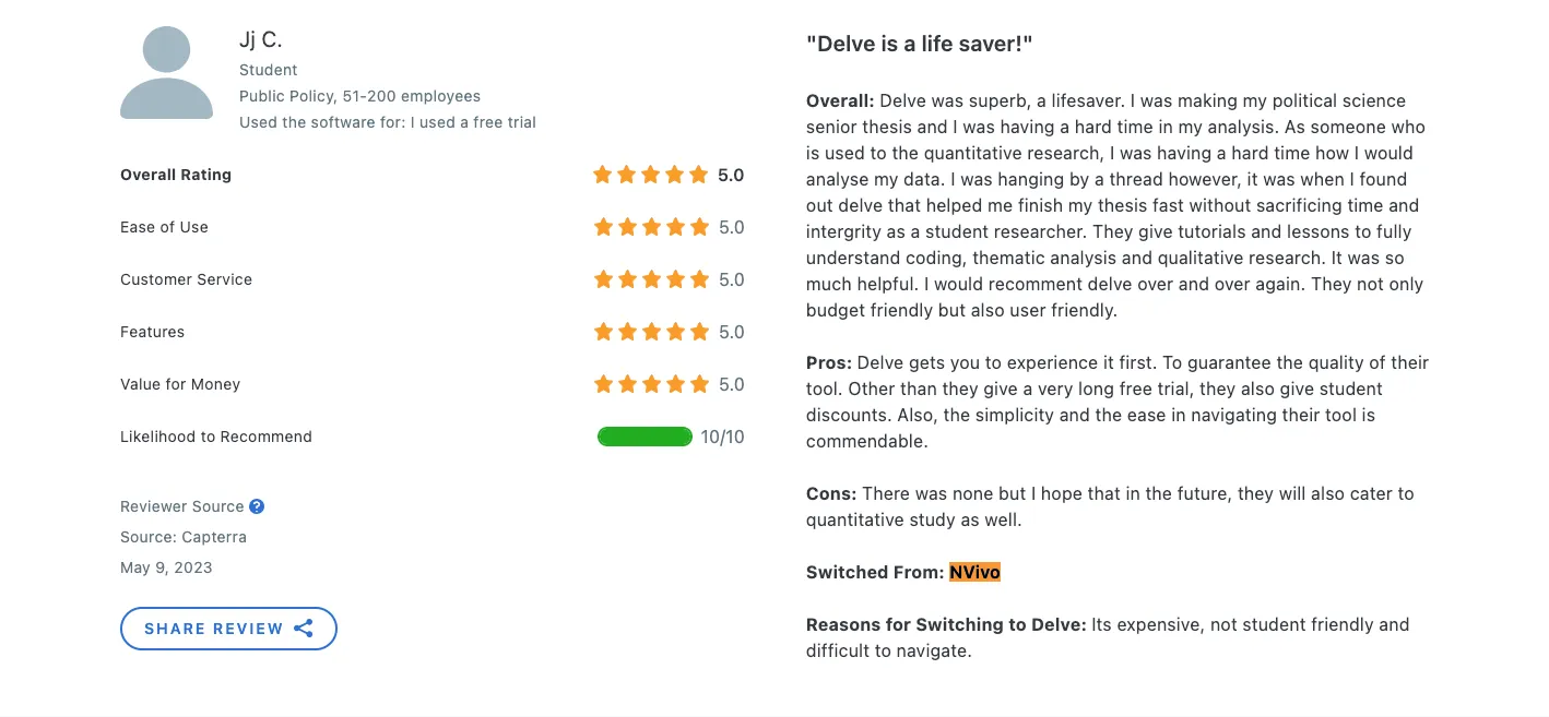 JJ switched from NVivo to Delve — Capterra review