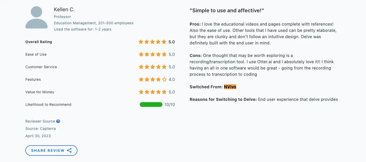 Kellen switched from NVivo to Delve — Capterra review