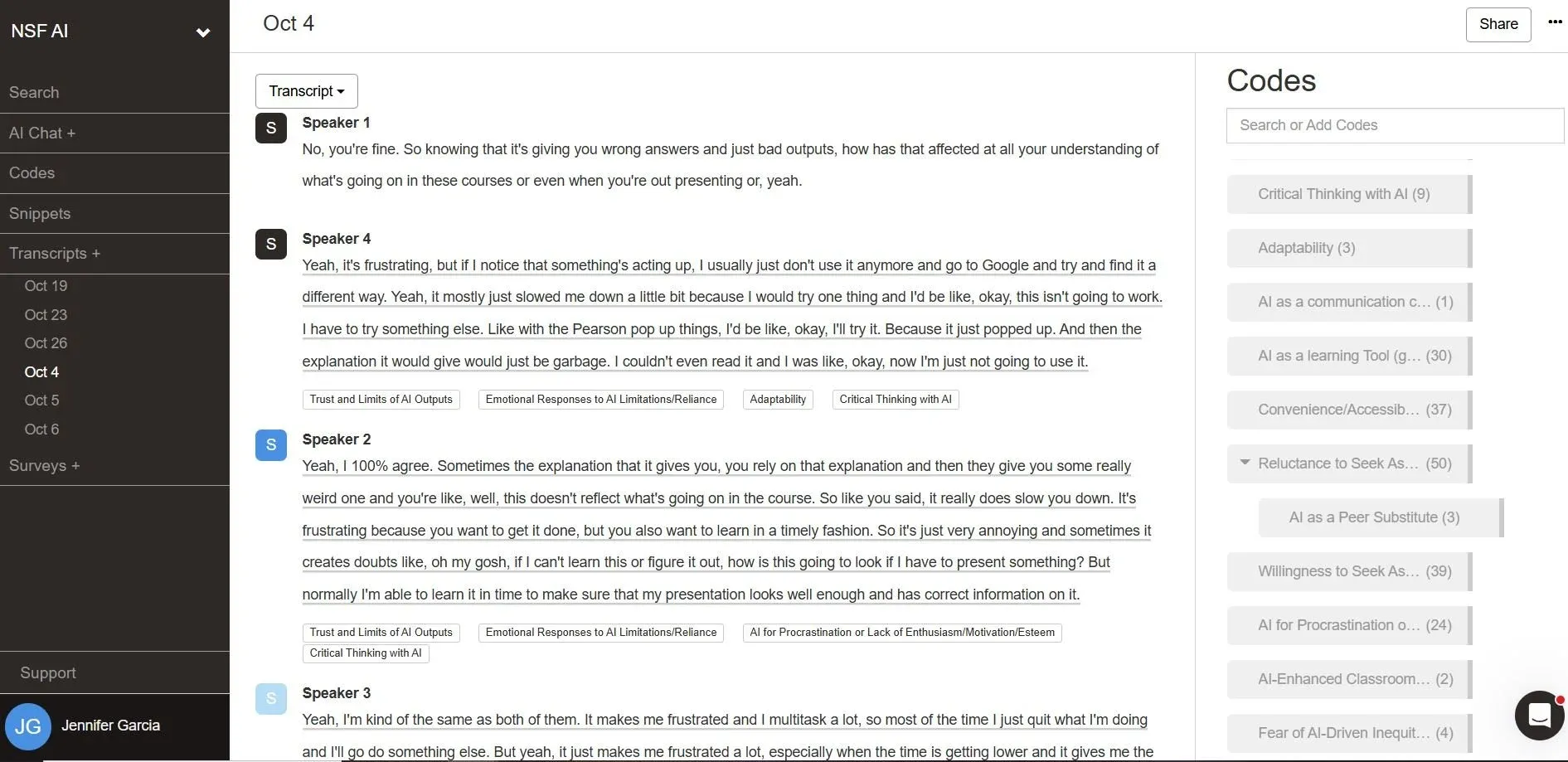 Dr. Jennifer working in Delve transcript view