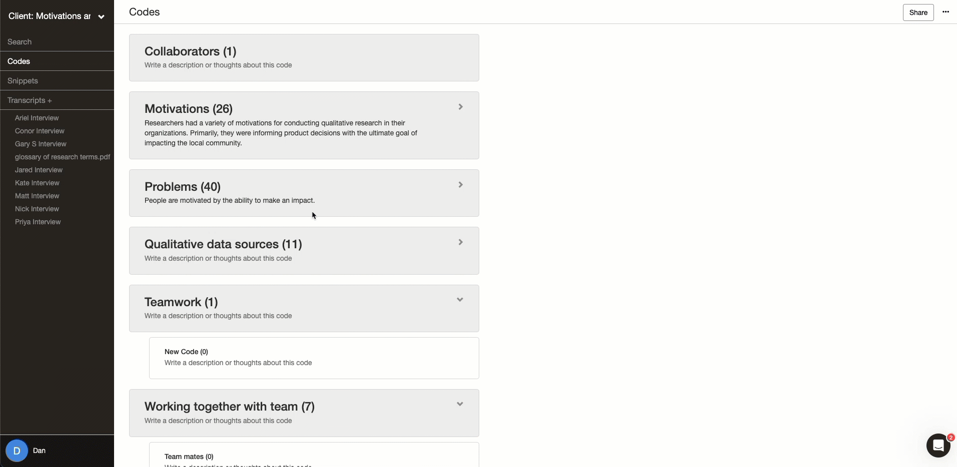 Add a memo to your survey analysis and transcripts during explanatory sequential research design in DelveTool. 