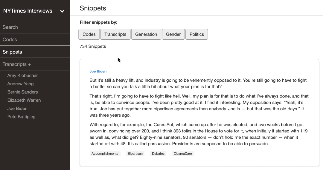 Filtering snippets by parent and child codes in Delve