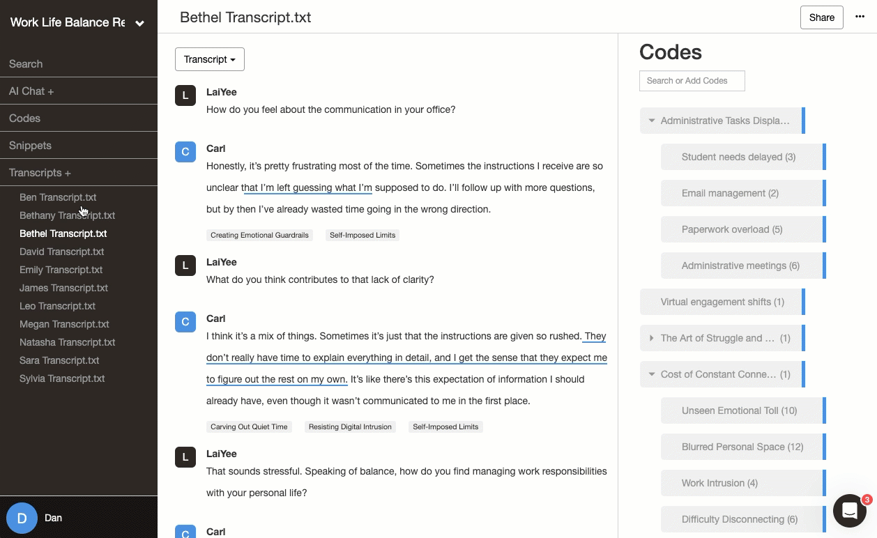 Coding excerpts and attaching memos in Delve