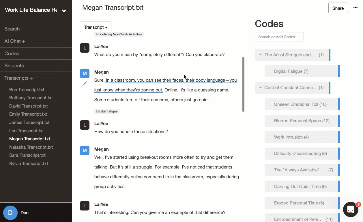 Reflexive thematic analysis memo in Delve